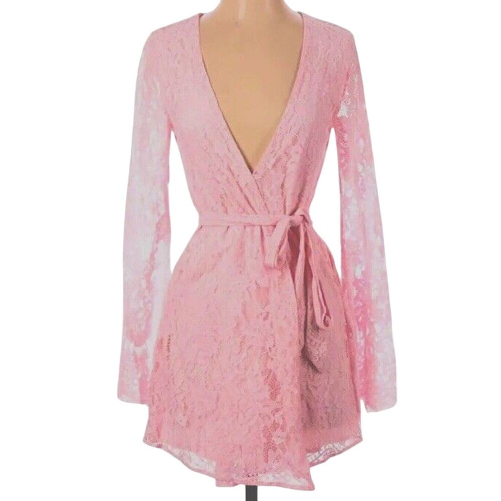 Marjorelle Pale Pink Lace Long Sleeve Tie Waist Kimono Wrap Mini Dress Robe M